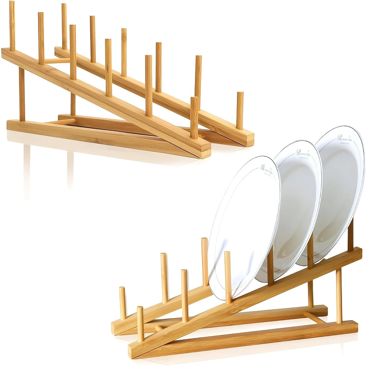 2PC Bamboo Wooden Dish Drying Rack for Plates Dishes Books, Files Bowls Cups Cutting Boards, and Pot Lids for Kitchen Countertop