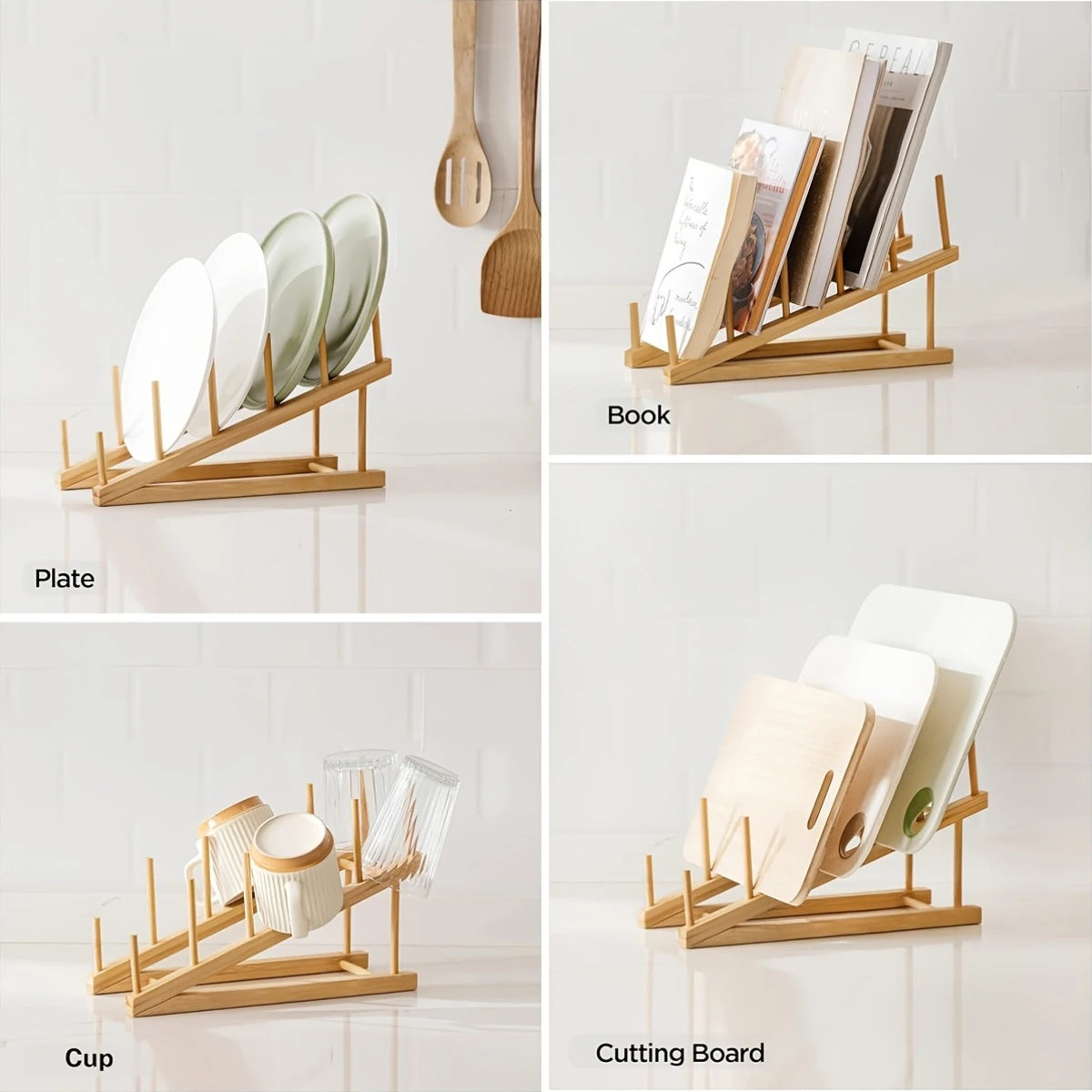 2PC Bamboo Wooden Dish Drying Rack for Plates Dishes Books, Files Bowls Cups Cutting Boards, and Pot Lids for Kitchen Countertop