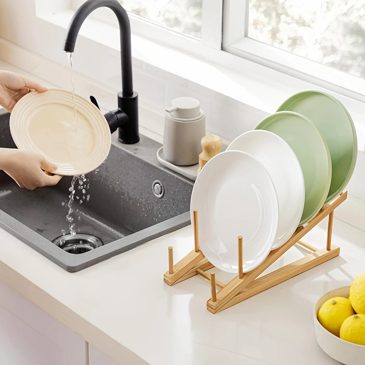 2PC Bamboo Wooden Dish Drying Rack for Plates Dishes Books, Files Bowls Cups Cutting Boards, and Pot Lids for Kitchen Countertop