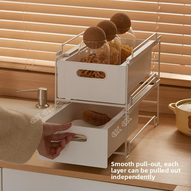 Under Sink Cabinet Storage Organizer with Pull Out Shelves and Iron Wire Basket for Kitchen Misc Items Organizers Storage